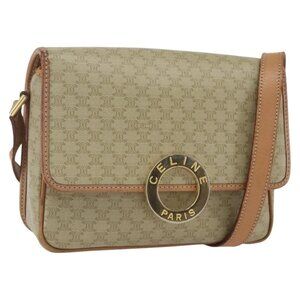 Authentic CELINE Macadam Canvas Circle Shoulder Bag PVC Beige Gold